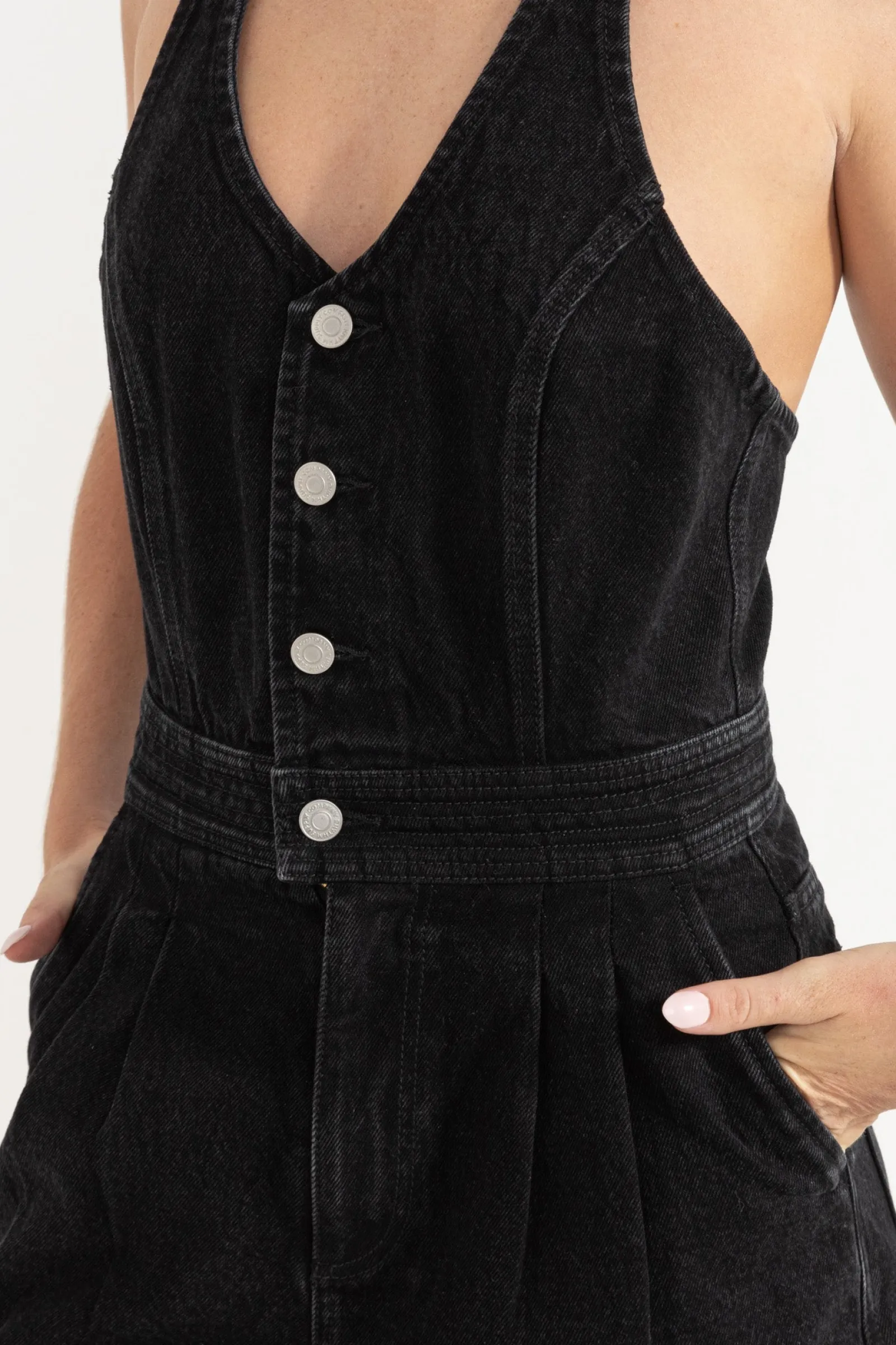 Rhythm Livin Cassy Halter Denim Romper Vintage Black-Women Playsuits