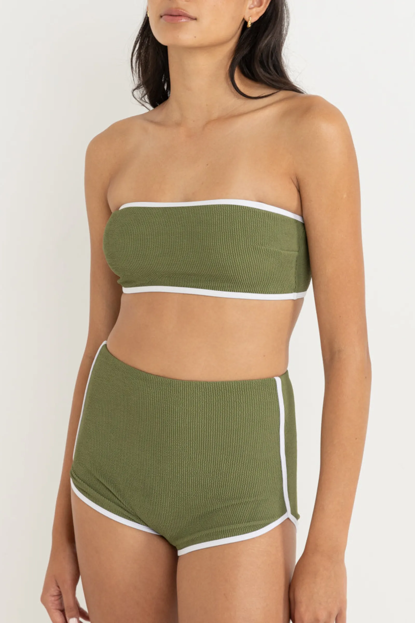 Rhythm Livin Essential Rib Contrast Bandeau Top Olive-Women Swim Tops