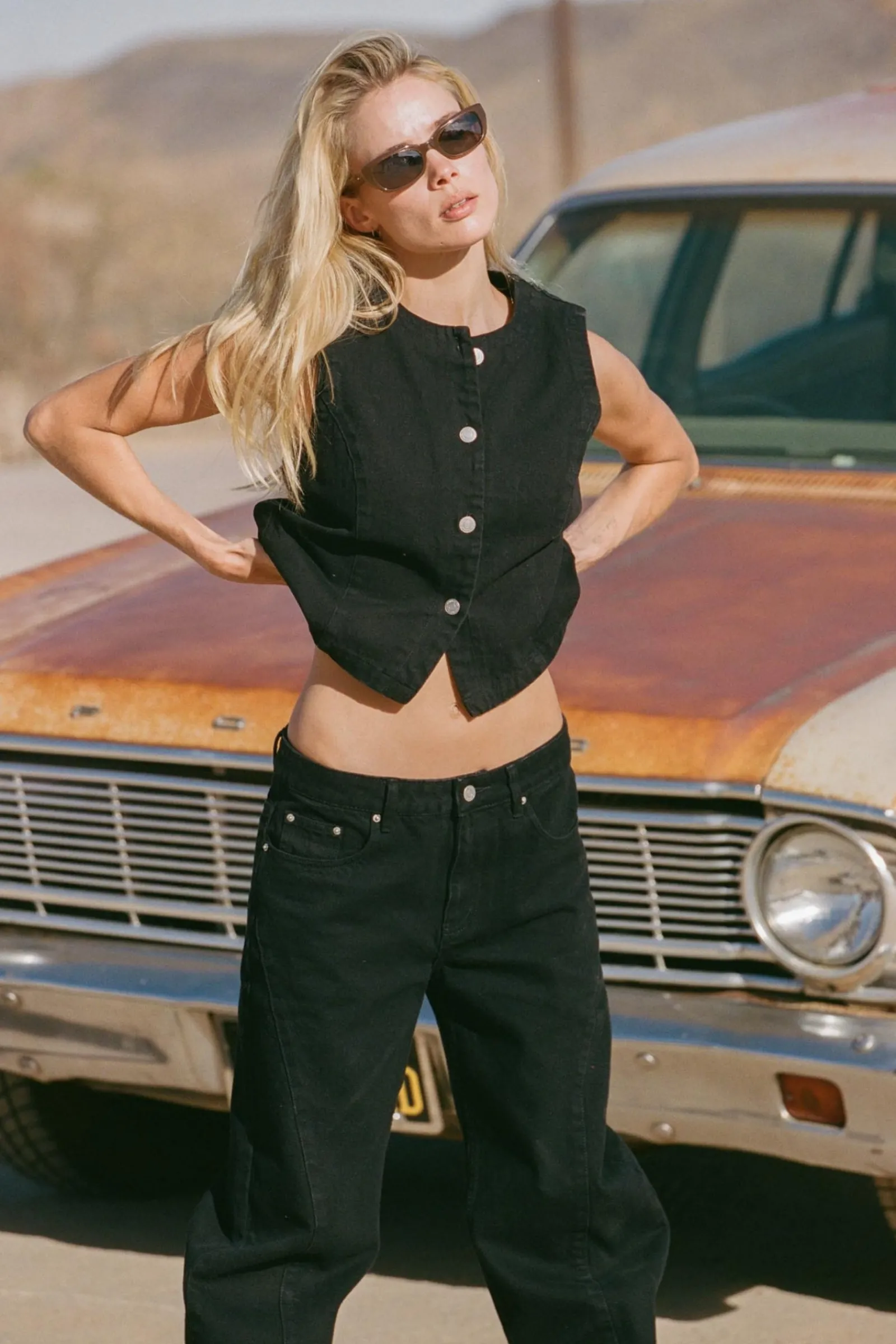Rhythm Livin Riley Denim Vest Vintage Black-Women Fashion Tops