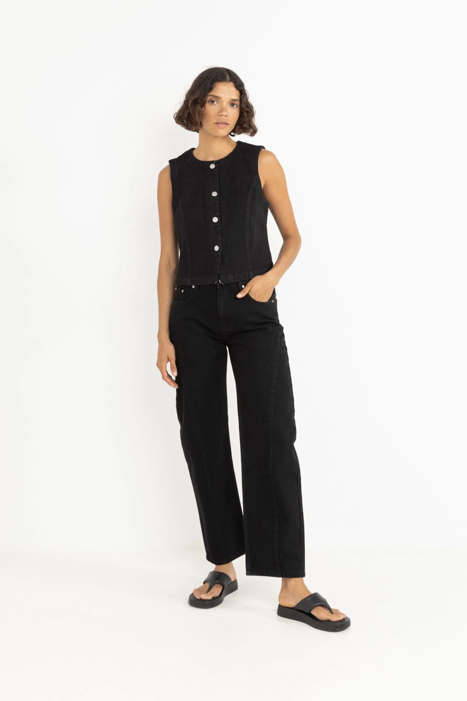 Rhythm Livin Riley Denim Vest Vintage Black-Women Fashion Tops